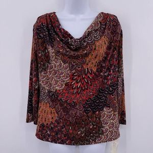 Prelude Sz M Cowl Neck Blouse Paisley Feather 3/4 Sleeve Stretchy Shirt NWT